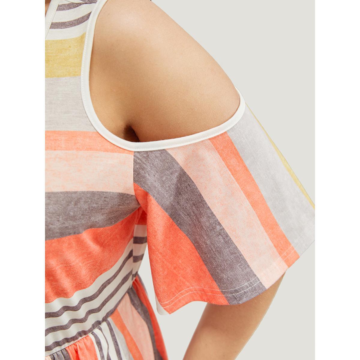Plus Size Striped Contrast Pocket Cold Shoulder Ruffle Midi Dress Multicolor Women Casual Contrast Cold Shoulder Short sleeve Curvy Midi Dress BloomChic 28/5X Product Image