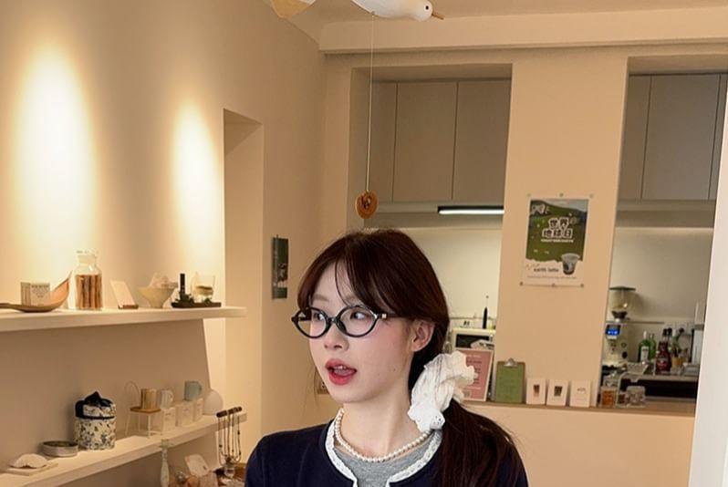 Long Sleeve Round Neck Two Tone Knit Top Product Image