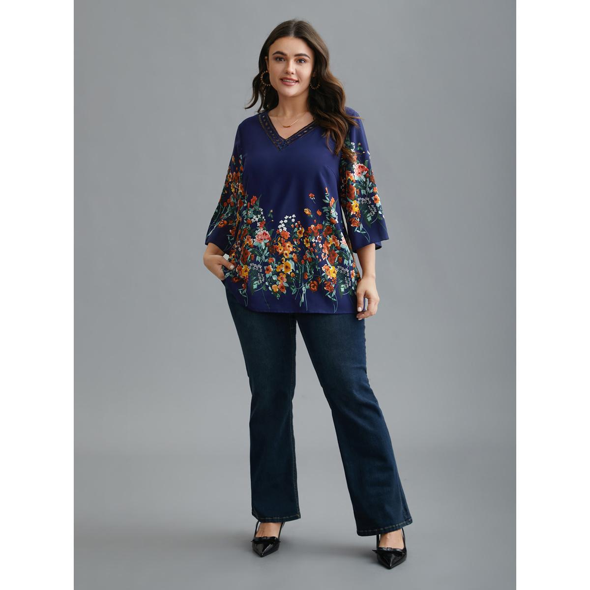 Plus Size Indigo Floral V Neck Cut-Out Lace Blouse Women Elegant Elbow-length sleeve V-neck Everyday Blouses BloomChic 18-20/2X Product Image