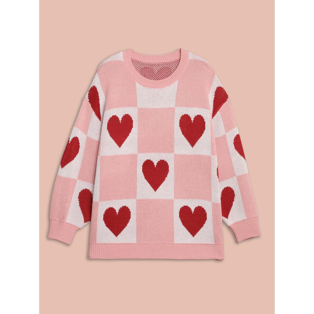 Plus Size Checkered Hearts Jacquard Color-Contrast Pullover Watermelon Women Casual Loose Long Sleeve Round Neck Everyday Pullovers BloomChic 30/6X Product Image