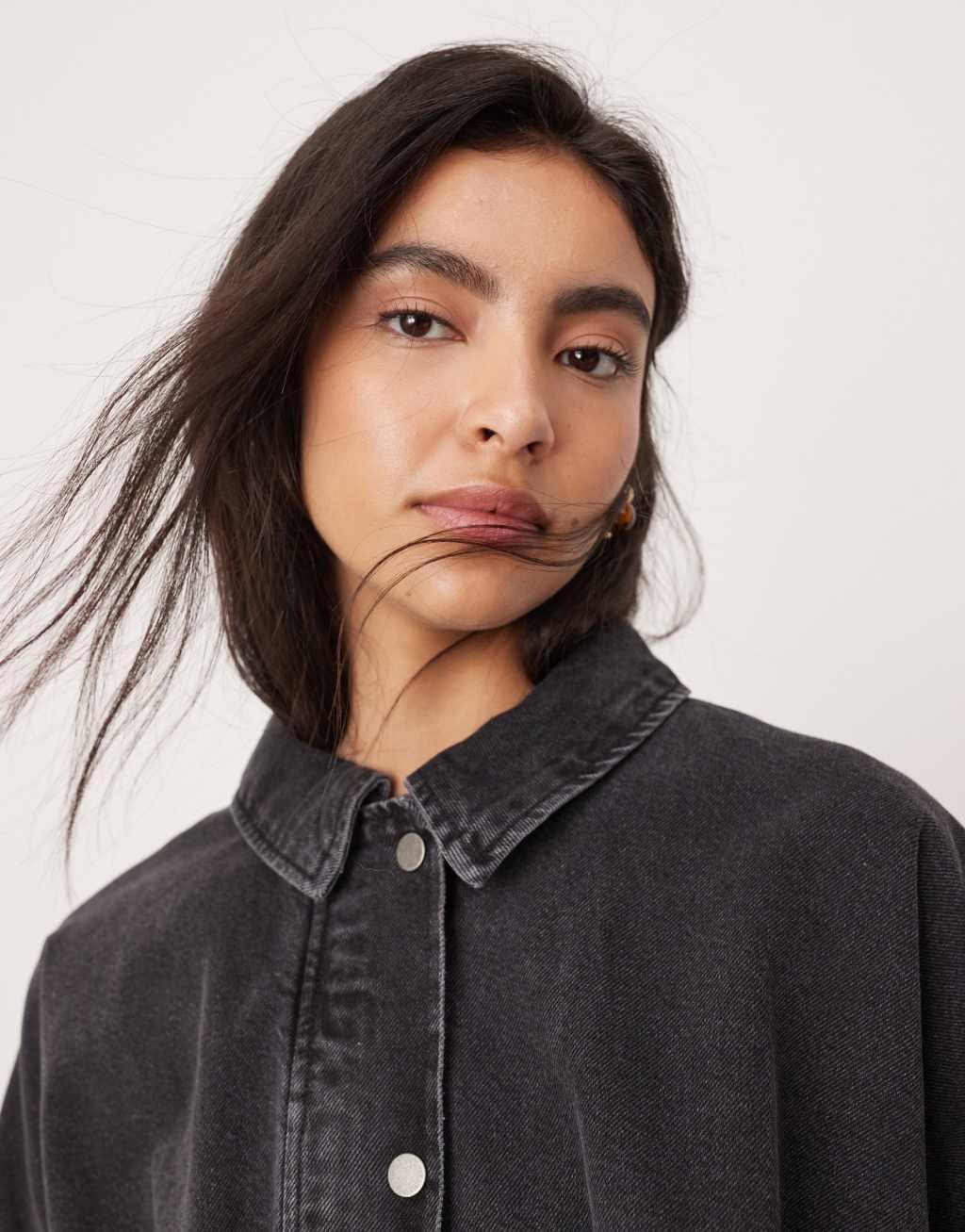 ASOS EDITION denim bomber jacket with tab sleeve detail in washed black Product Image