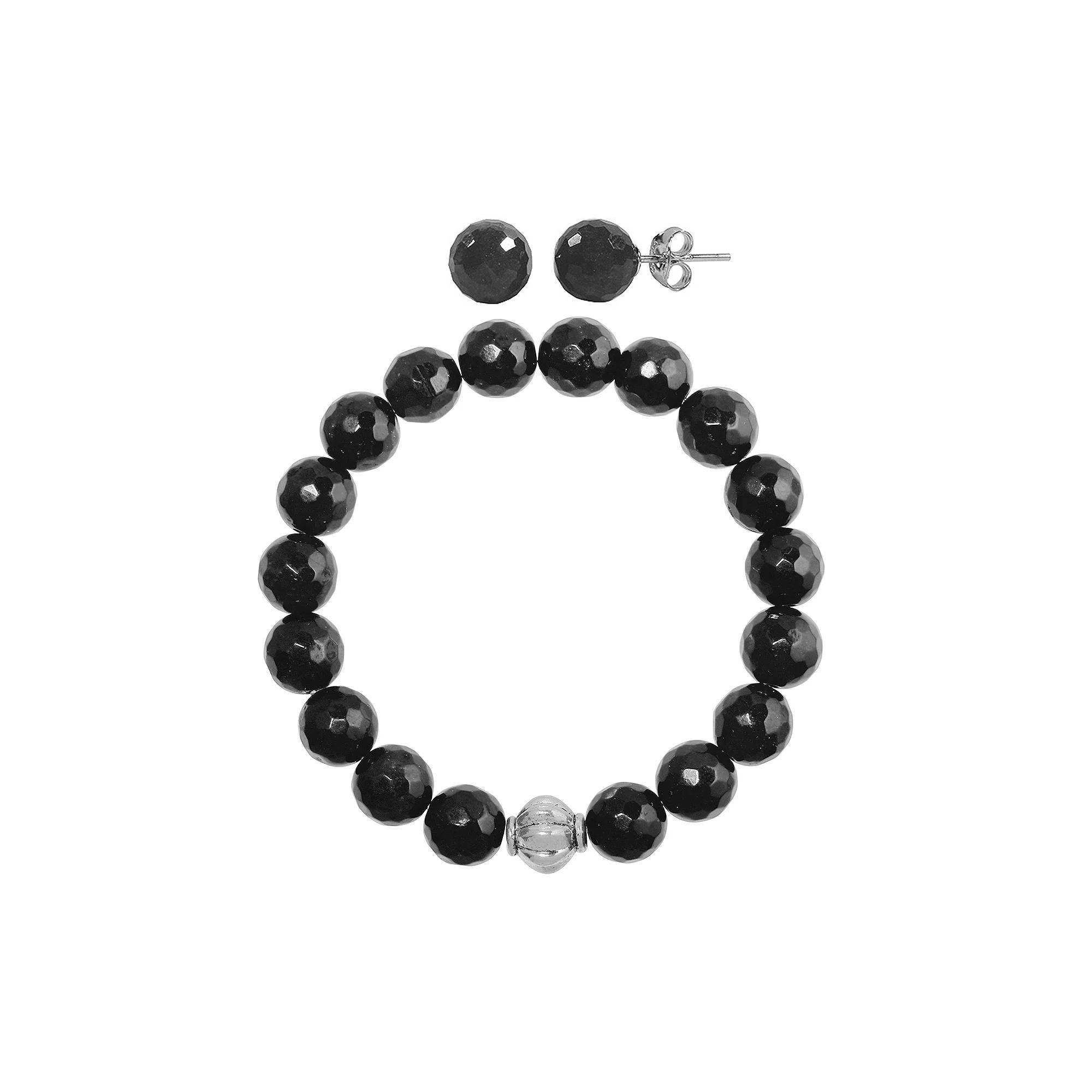 Faceted Agate 2-piece Stud Earrings & Bracelet Set, Women's, Size: 7.5", Black Product Image