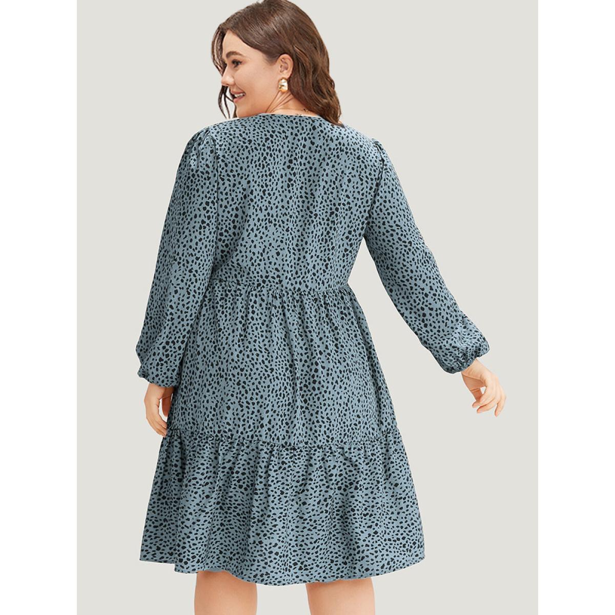 Plus Size Leopard Lantern Sleeve V Neck Pocket Dress Chocolate Women Elegant Elastic cuffs V-neck Long Sleeve Curvy Midi Dress BloomChic 12/L Product Image
