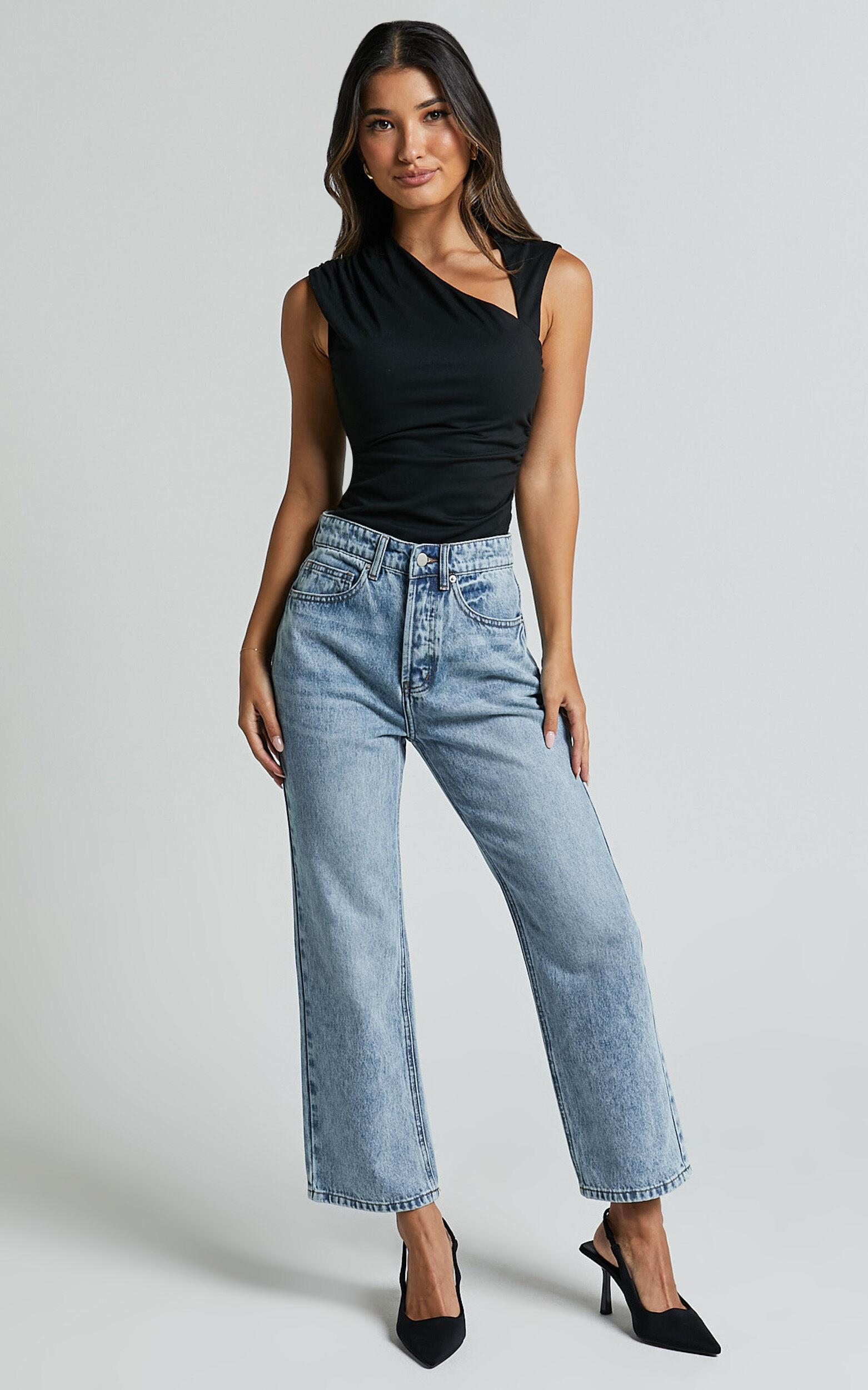 Wilkins Jeans - High Waisted Straight Leg Cropped Hem Jeans in Mid Blue Wash Product Image