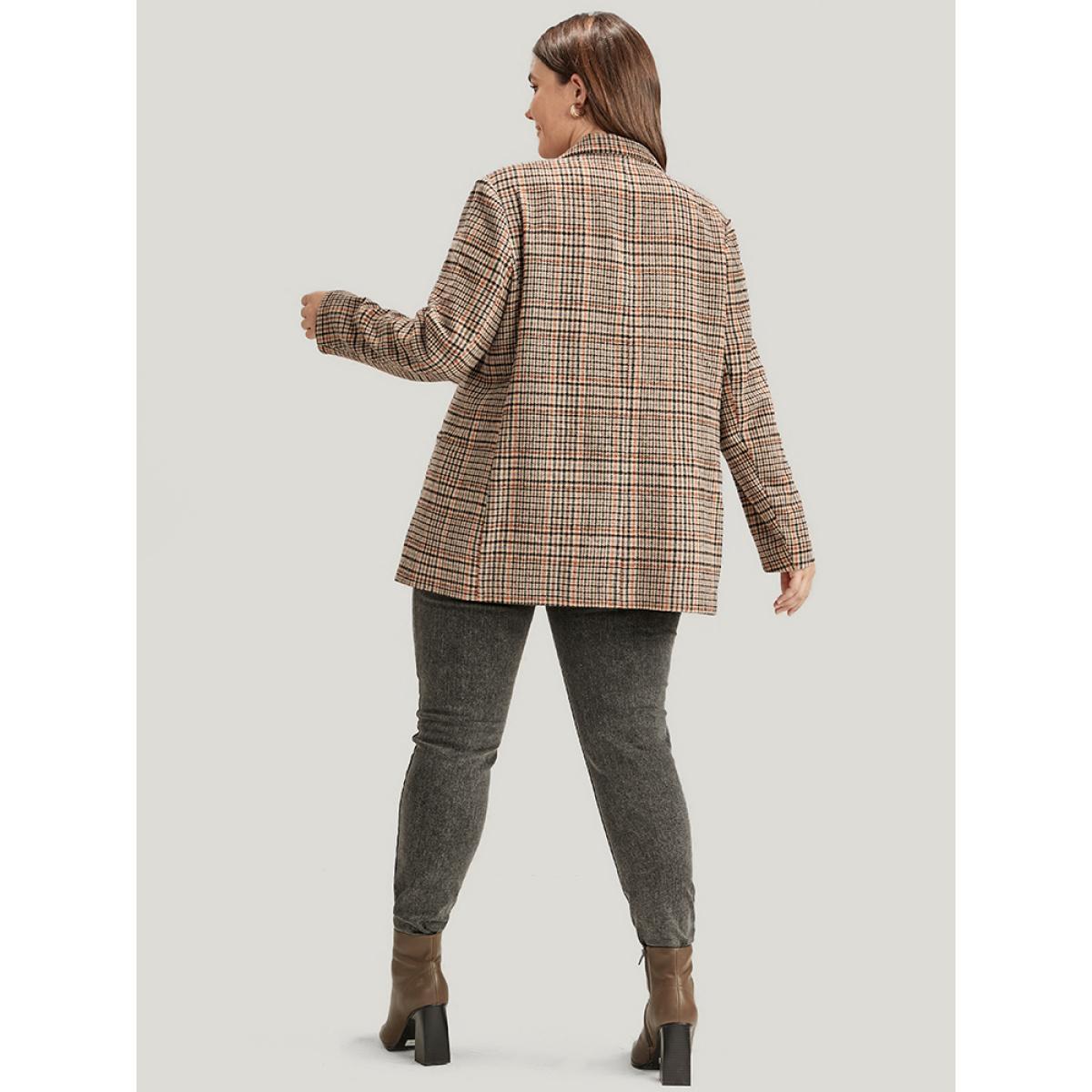 Plus Size Tartan Suit Collar Button Up Pocket Blazer LightBrown Women Work Plaid Button Sleeve Long Sleeve Lapel Collar 26/4X Pocket Office Blazers BloomChic Product Image