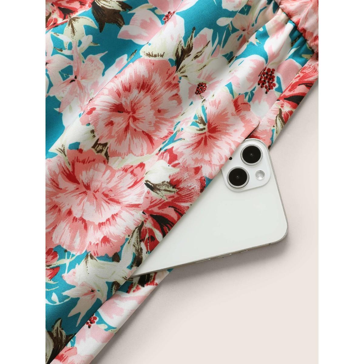 Plus Size Floral Print Wrap Belted Cami Dress Cerulean Women Elegant Overlapping Non Sleeveless Curvy Midi Dress BloomChic 26/4X Product Image