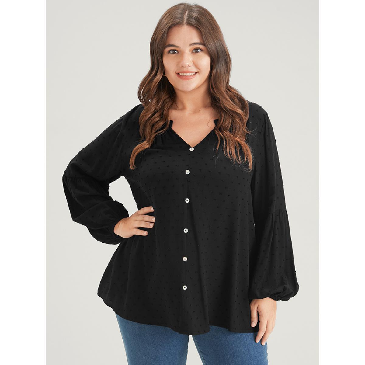 Plus Size Black Solid Button Lantern Sleeve Polka Dot Blouse Women Basics Cap Sleeve V-neck Work Blouses BloomChic 28/5X Product Image