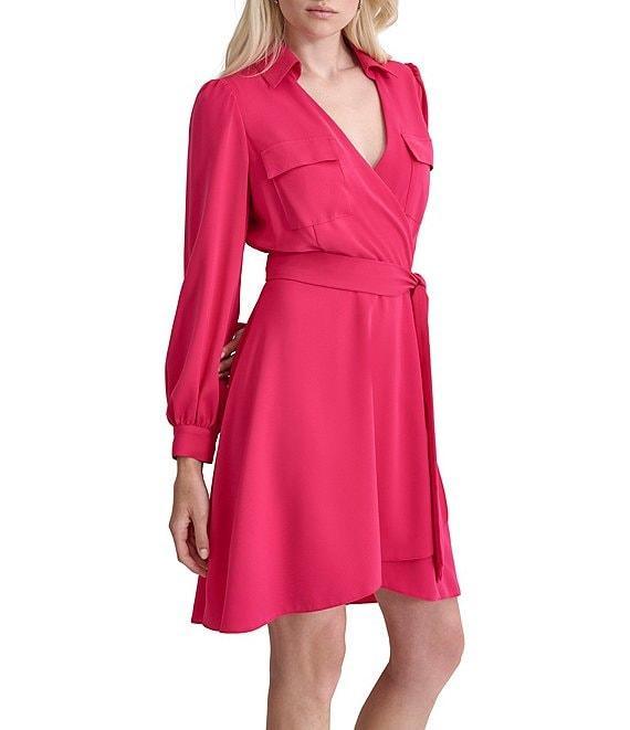DKNY by Donna Karan Petite Size Collared V-Neck Long Sleeve Tie Waist Shirtdress Product Image