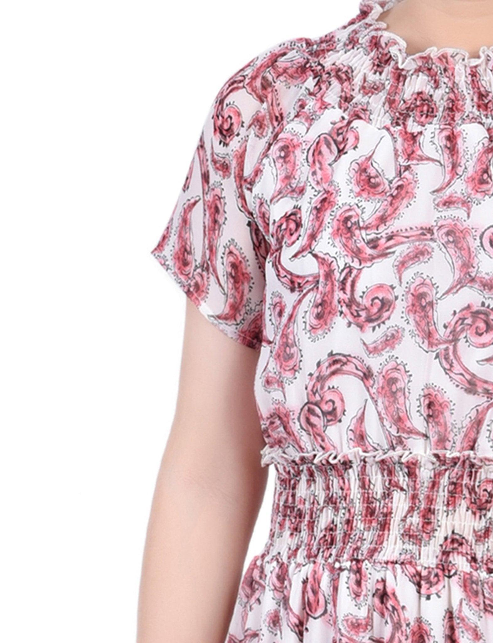 Burgundy Paisley Floral Short Sleeve Smocked Waist Dress - Petite Product Image