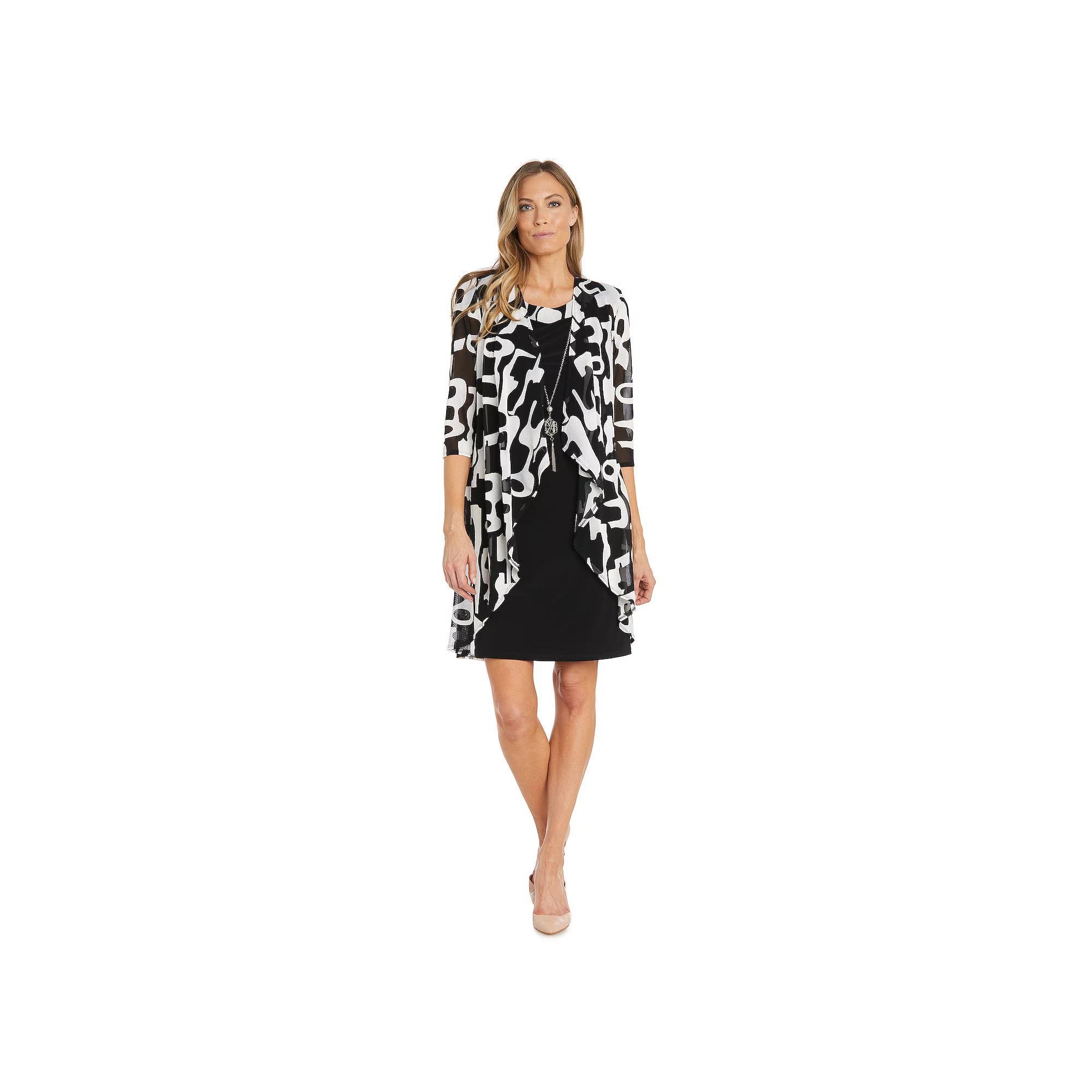 Women's R&M Richards 2-Piece Mesh & Jersey Jacket & Dress Set with Necklace, Size: 6, Black White Product Image
