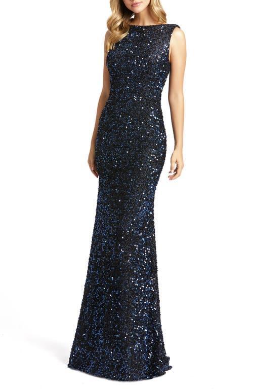 Ieena for Mac Duggal Sequin Drape Back Detail Boat Neck Sleeveless Sheath Gown Product Image