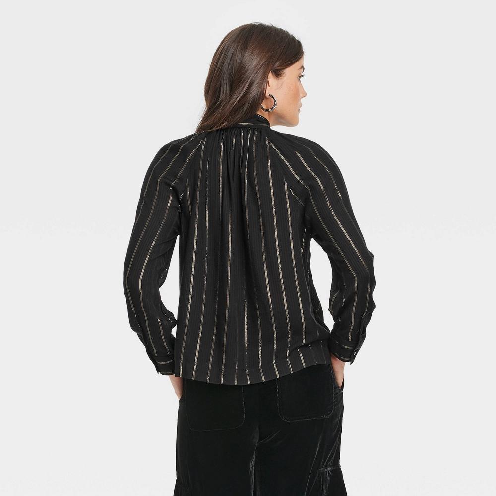 Womens Long Sleeve Tie-Front Bow Blouse - Universal Thread Black Striped Product Image