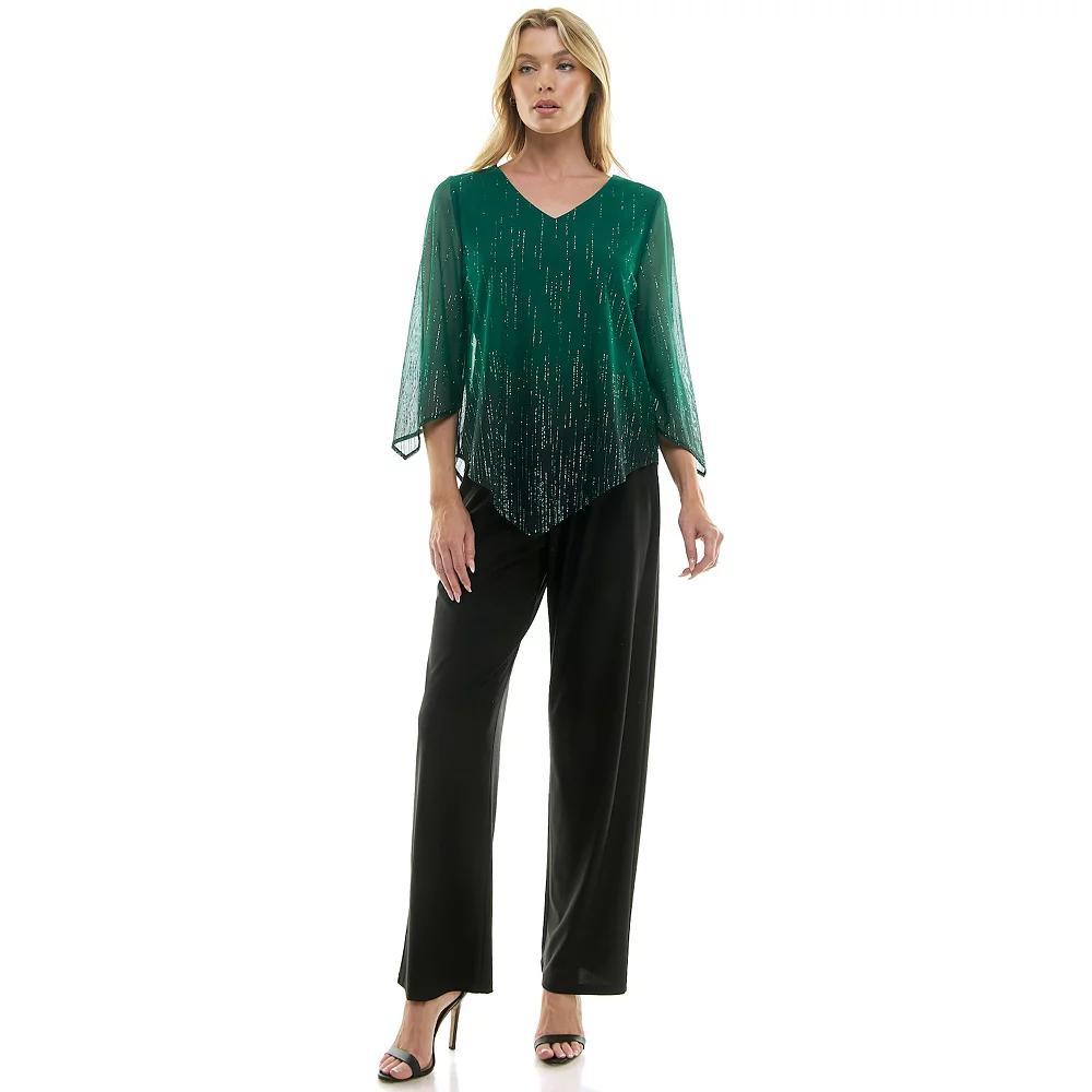 Women's Luxology 2-Piece V-Neck Blouse & Straight Leg Pants Set, Size: Large, Green Black Green Product Image