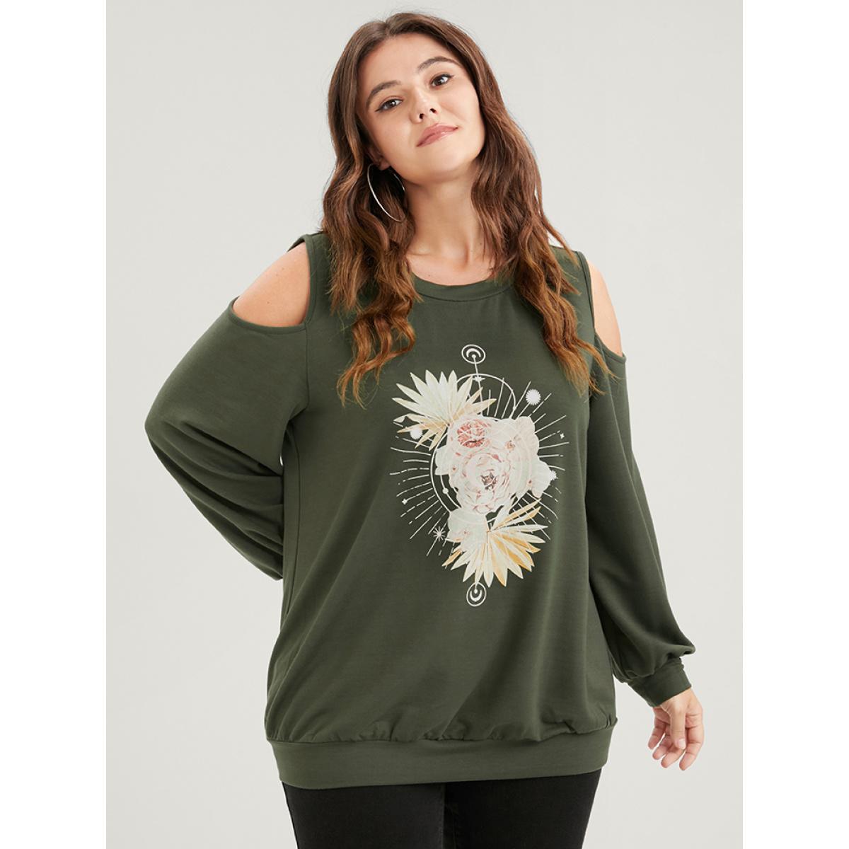 Plus Size Floral Print Cold Shoulder Sweatshirt Women ArmyGreen Elegant Printed Loose Round Neck Dailywear Sweatshirts BloomChic 10/M Product Image