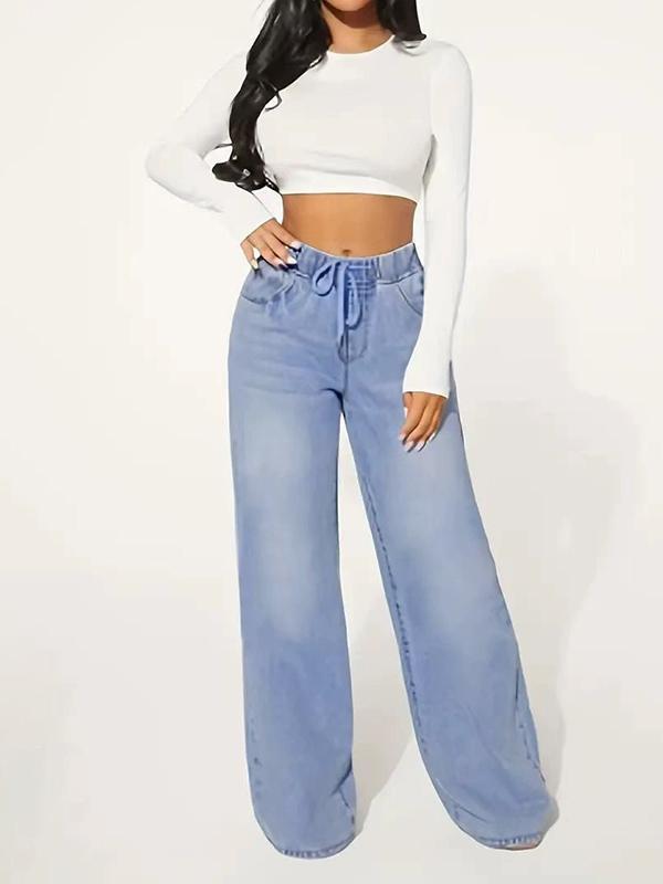 High Waisted Loose Drawstring Elasticity Split-Joint Jean Pants Bottoms Product Image