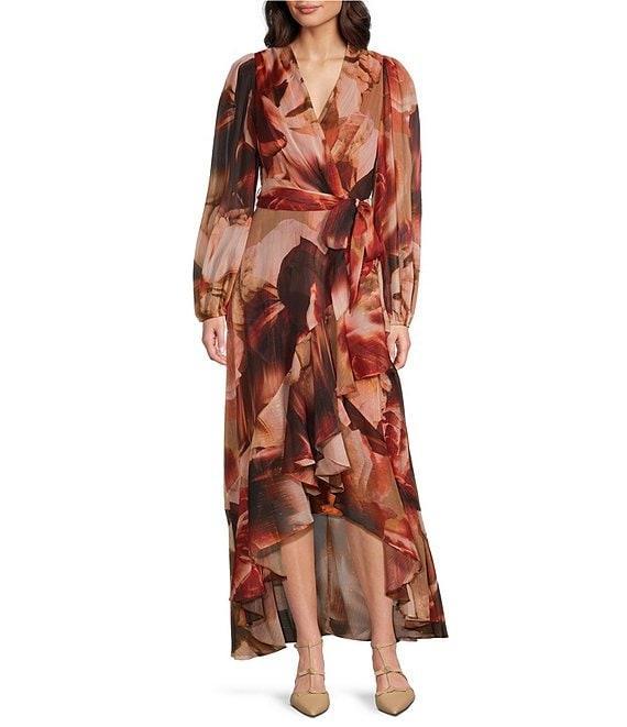 Alex Marie Diana Chiffon Floral Print V-Neck Long Blouson Sleeve Tie Waist Hi-Low Flounce Wrap Maxi Dress Product Image