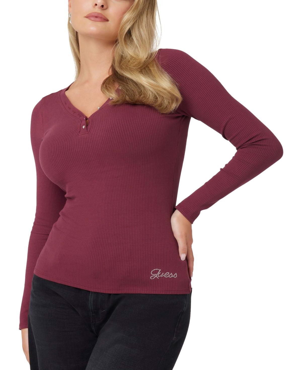 Guess Womens Kyla Ribbed Henley Long-Sleeve Top Product Image