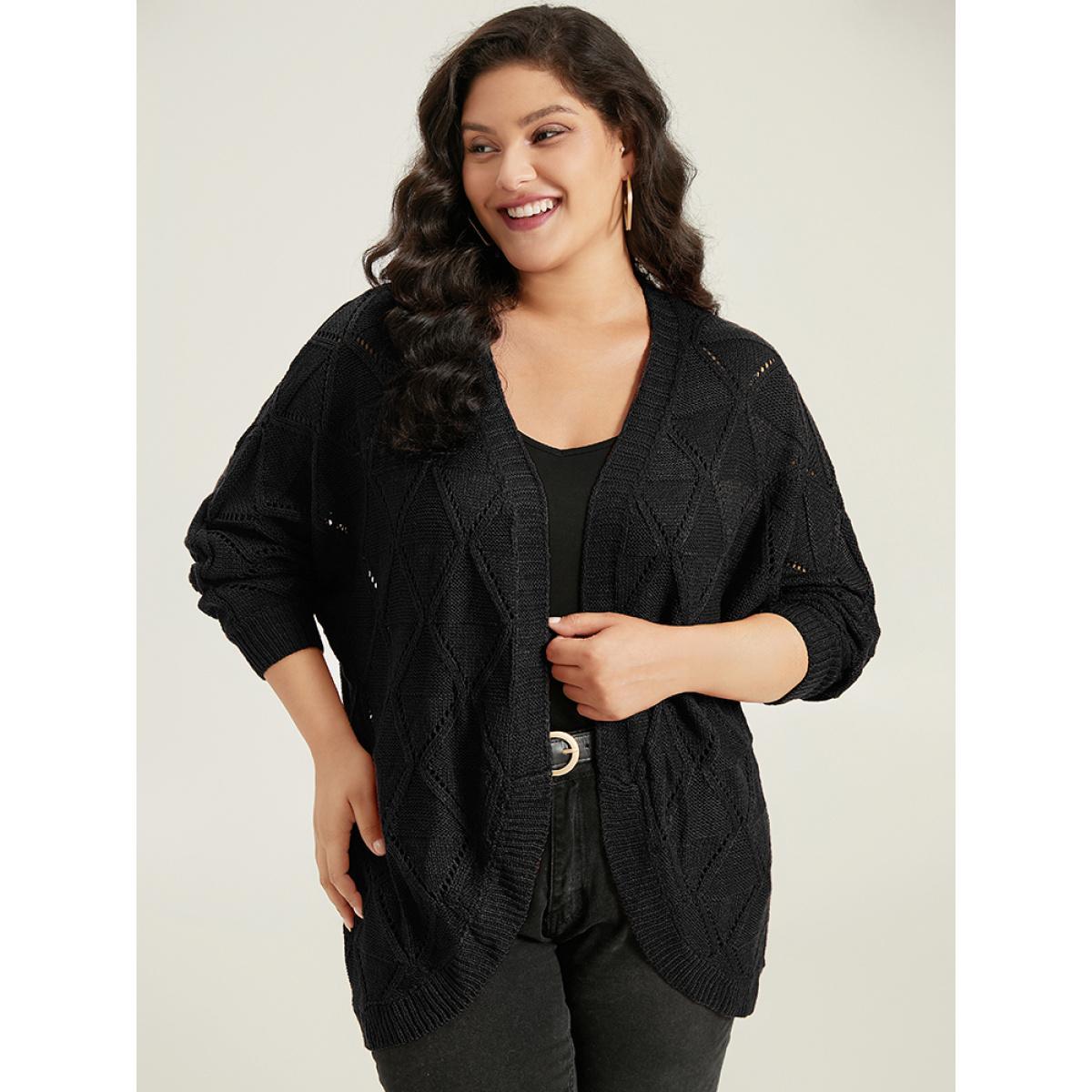Plus Size Geometric Hollow Out Open Front Cardigan Black Women Casual Loose Long Sleeve Dailywear Cardigans BloomChic 14-16/1X Product Image