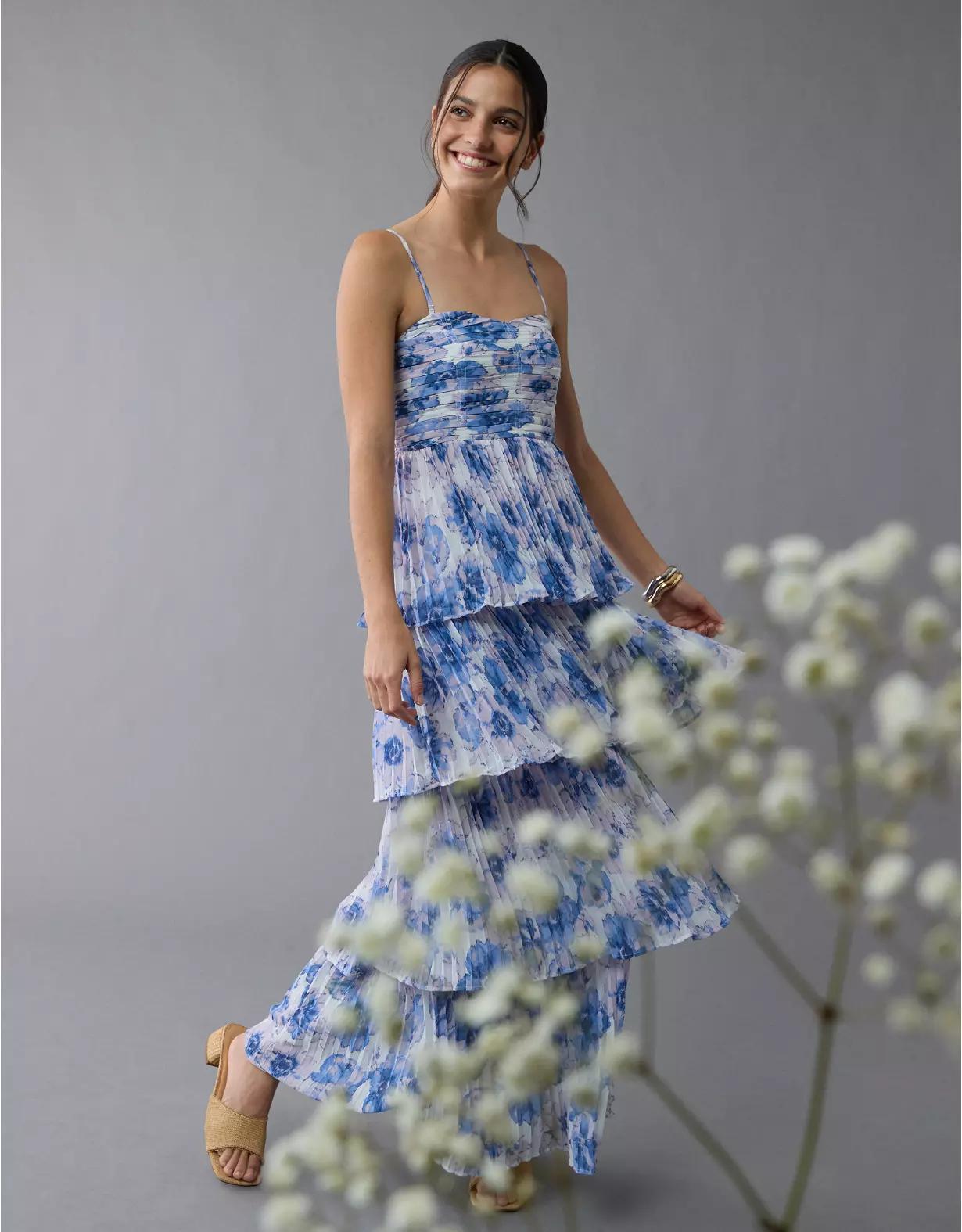 AE Tiered Pleated Maxi Dress Product Image