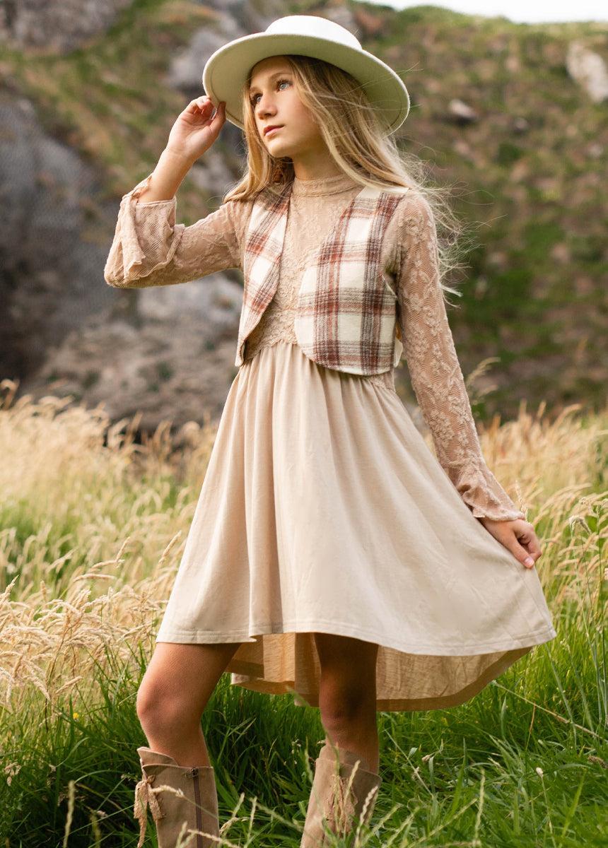 Meike Vest in Ecru Plaid Girls Product Image