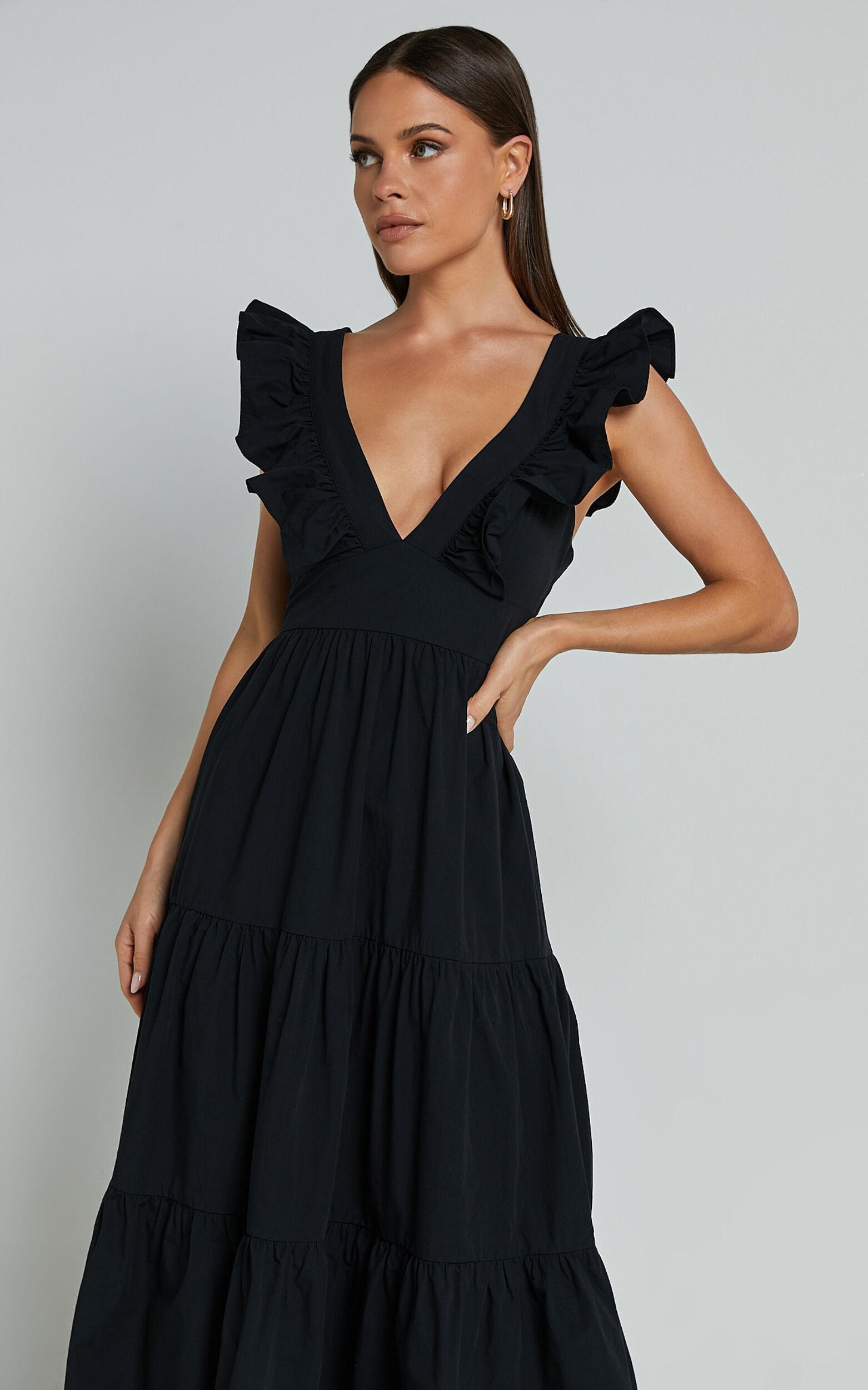 Levona Midi Dress - Ruffle Shoulder Tiered Dress in Black Product Image