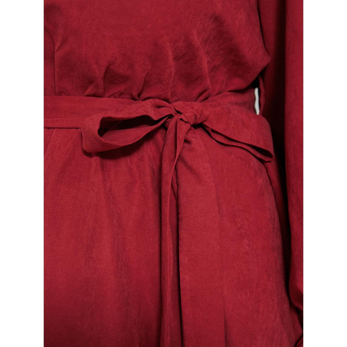 Plus Size Solid Round Neck Pocket Belted Lantern Sleeve Dress Scarlet Women Dating Round Neck Long Sleeve Curvy Midi Dress BloomChic 14-16/1X Product Image