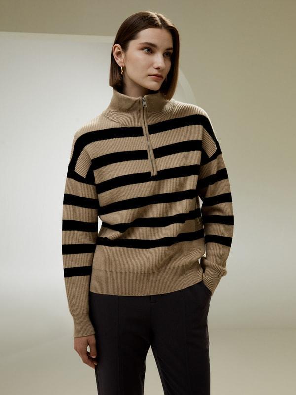 LILYSILK Wool Women's Sweaters Camel with Black Stripes Merino Wool Comfortable Dropped-Shoulder Sweater S Product Image