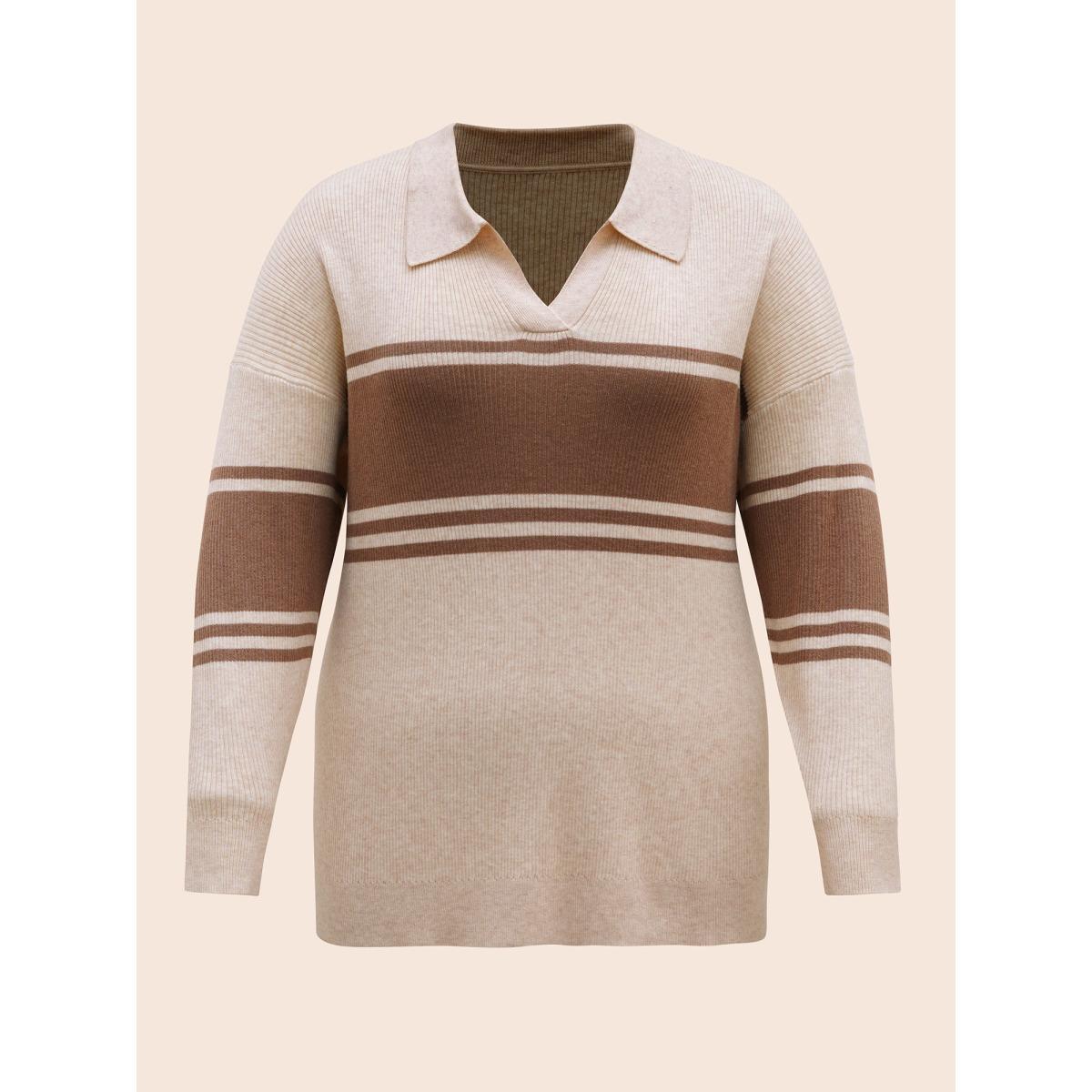 Plus Size Colorblock Contrast Striped Polo Neck Pullover Beige Women Casual Long Sleeve Polo Everyday Pullovers BloomChic 28/5X Product Image