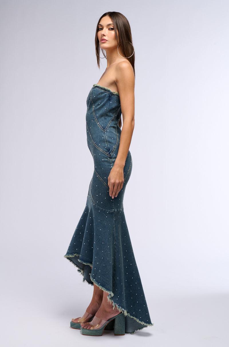 MY OWN MUSE HIGH LOW RHINESTONE DENIM MIDI DRESS Product Image