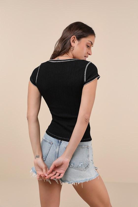 Cute Decision Black Pointelle Knit Short Sleeve Top Product Image