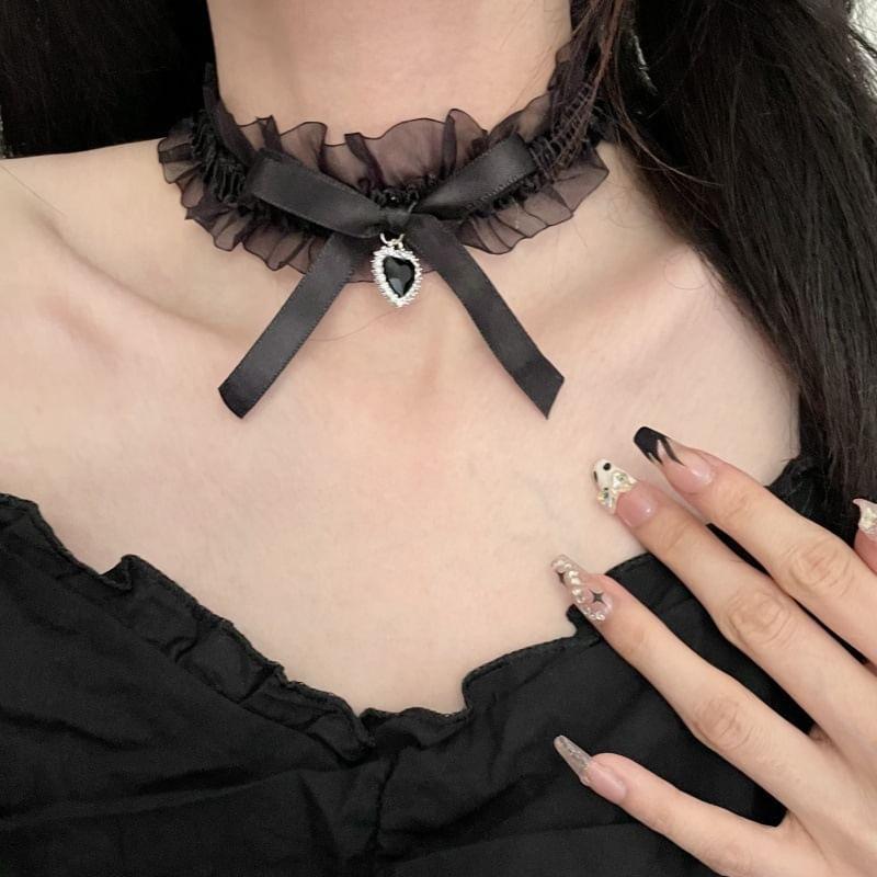 Ribbon Rhinestone Lace Choker Product Image
