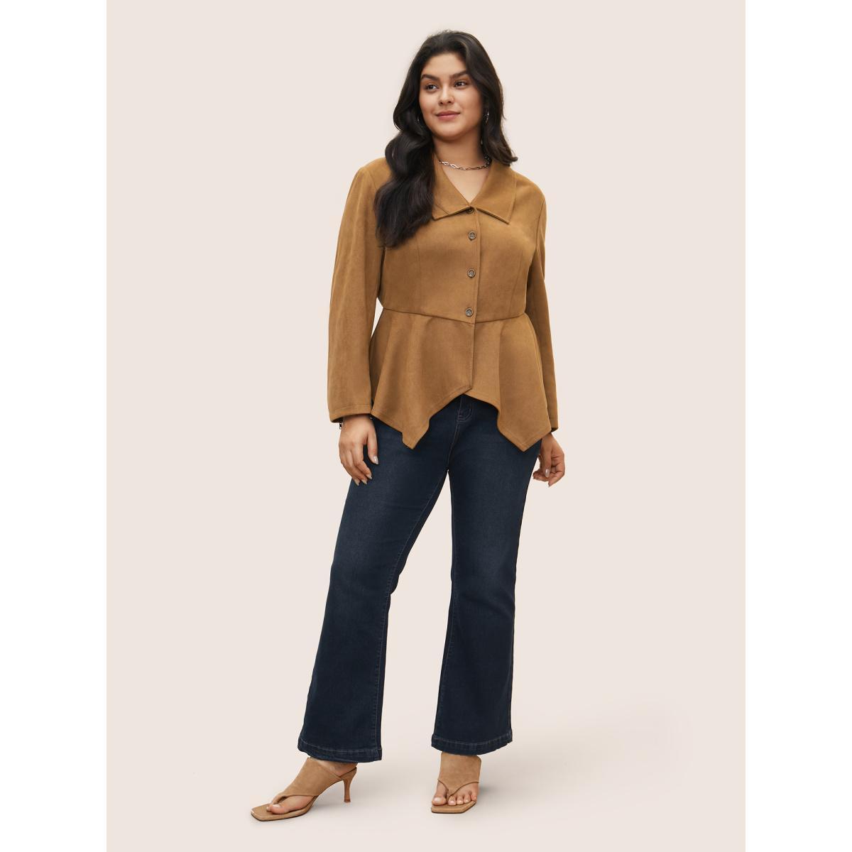Plus Size Solid Faux Suede Zipper Hanky Hem Jacket Women Bronze Non Everyday Jackets BloomChic 28/5X Product Image