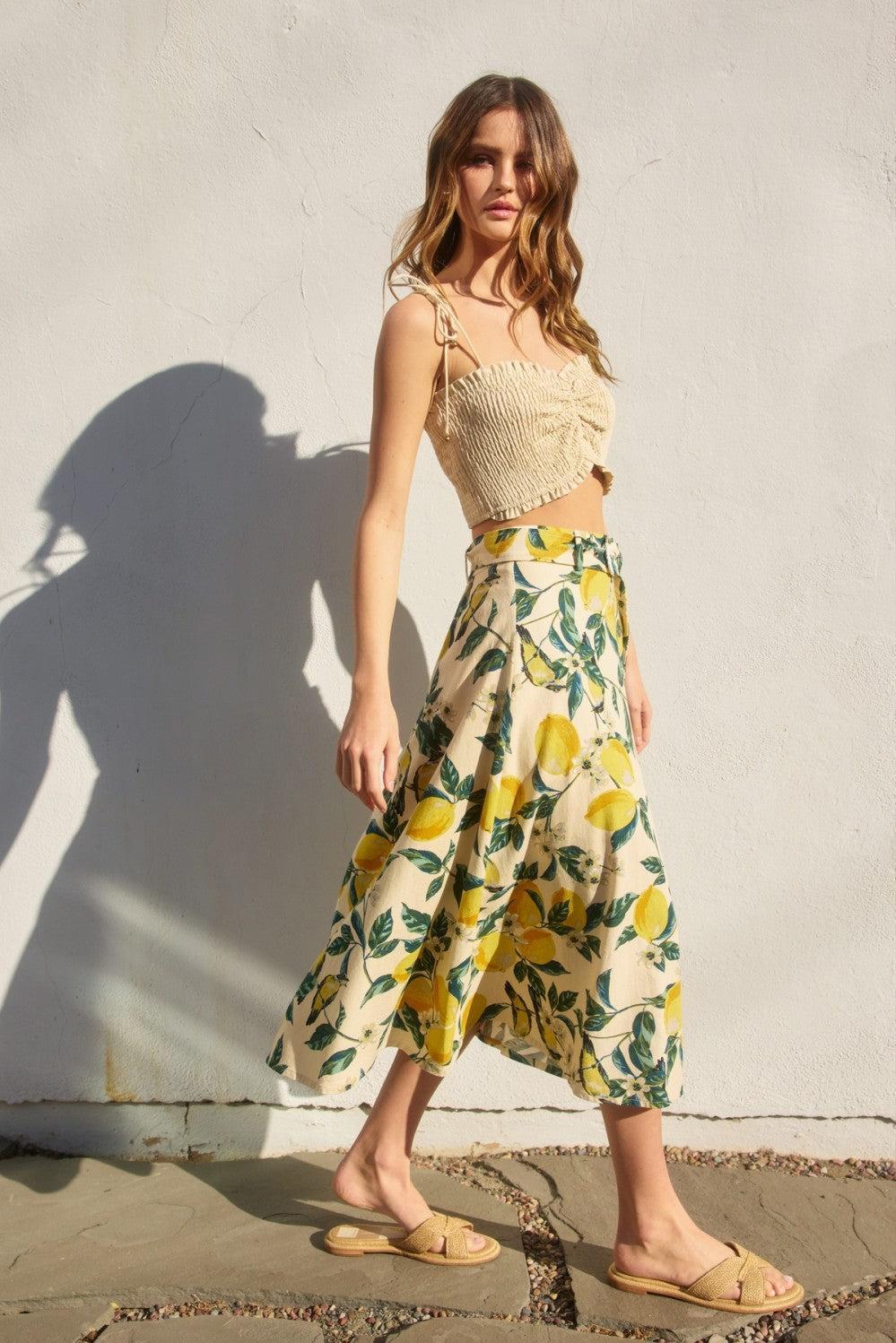 Lemon Garden A Line Midi Skirt with Belt Product Image