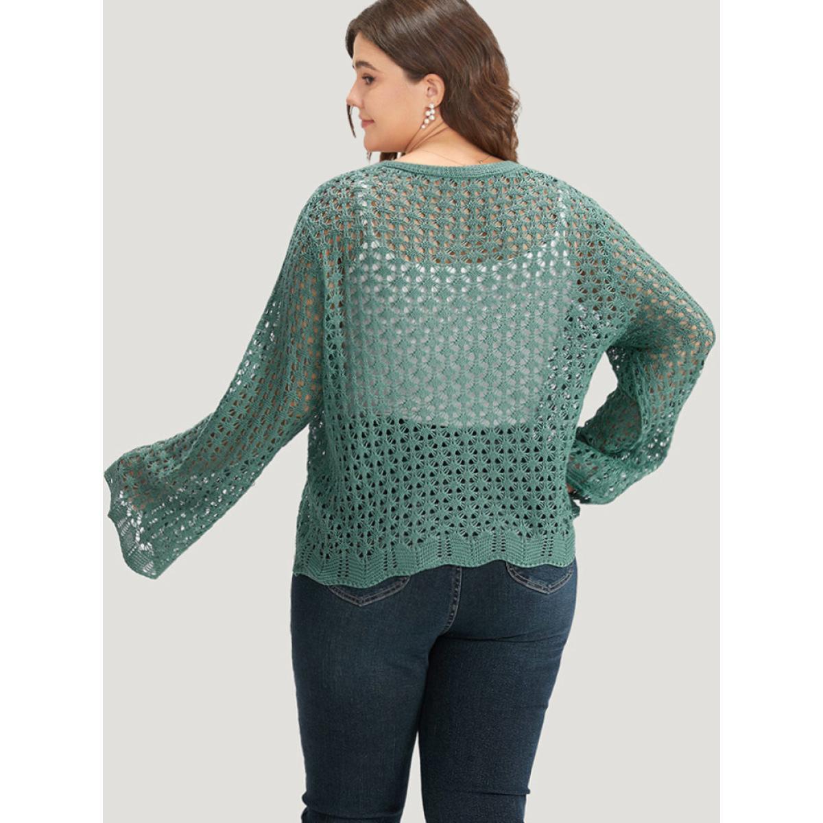 Plus Size Hollow Out Ties Front Bell Sleeve Cardigan Emerald Women Casual Loose Long Sleeve Everyday Cardigans BloomChic 30/6X Product Image