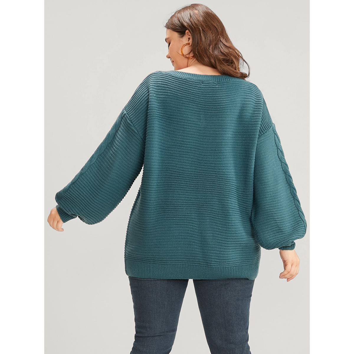 Plus Size Solid Pointelle Knit V Neck Lantern Sleeve Cable Knit Top Emerald Women Casual Loose Long Sleeve V-neck Dailywear Pullovers BloomChic 10/M Product Image