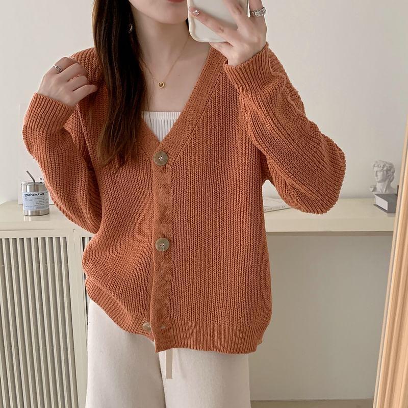 V-Neck Plain Button Down Cardigan Product Image