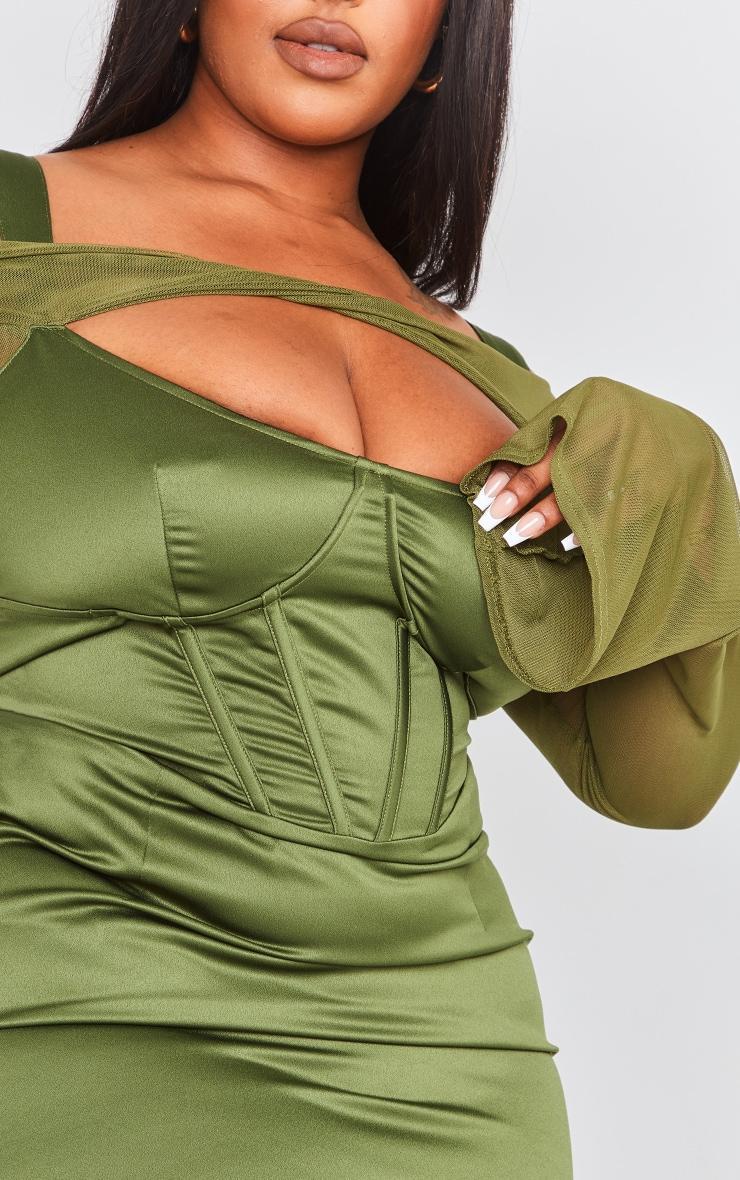 Plus Khaki Satin Corset Midi Dress Product Image