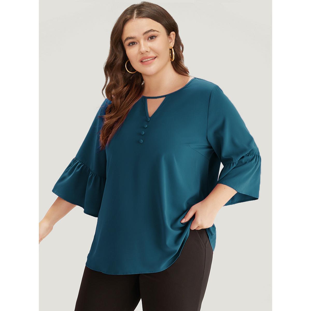 Plus Size Cyan Plain Keyhole Bell Sleeve Button Detail Blouse Women Office Elbow-length sleeve V-neck Work Blouses BloomChic 18-20/2X Product Image