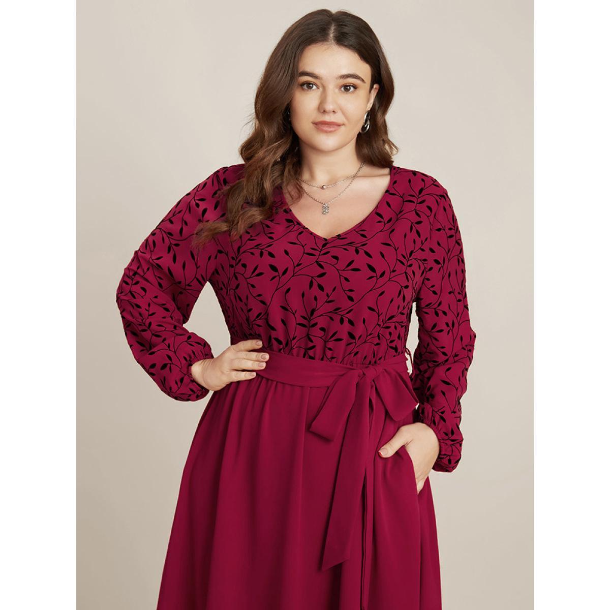 Plus Size Plant Print Lantern Sleeve Pocket Belted Ruffles Hem Dress Burgundy Women Elegant Patchwork V-neck Long Sleeve Curvy Midi Dress BloomChic 26/4X Product Image