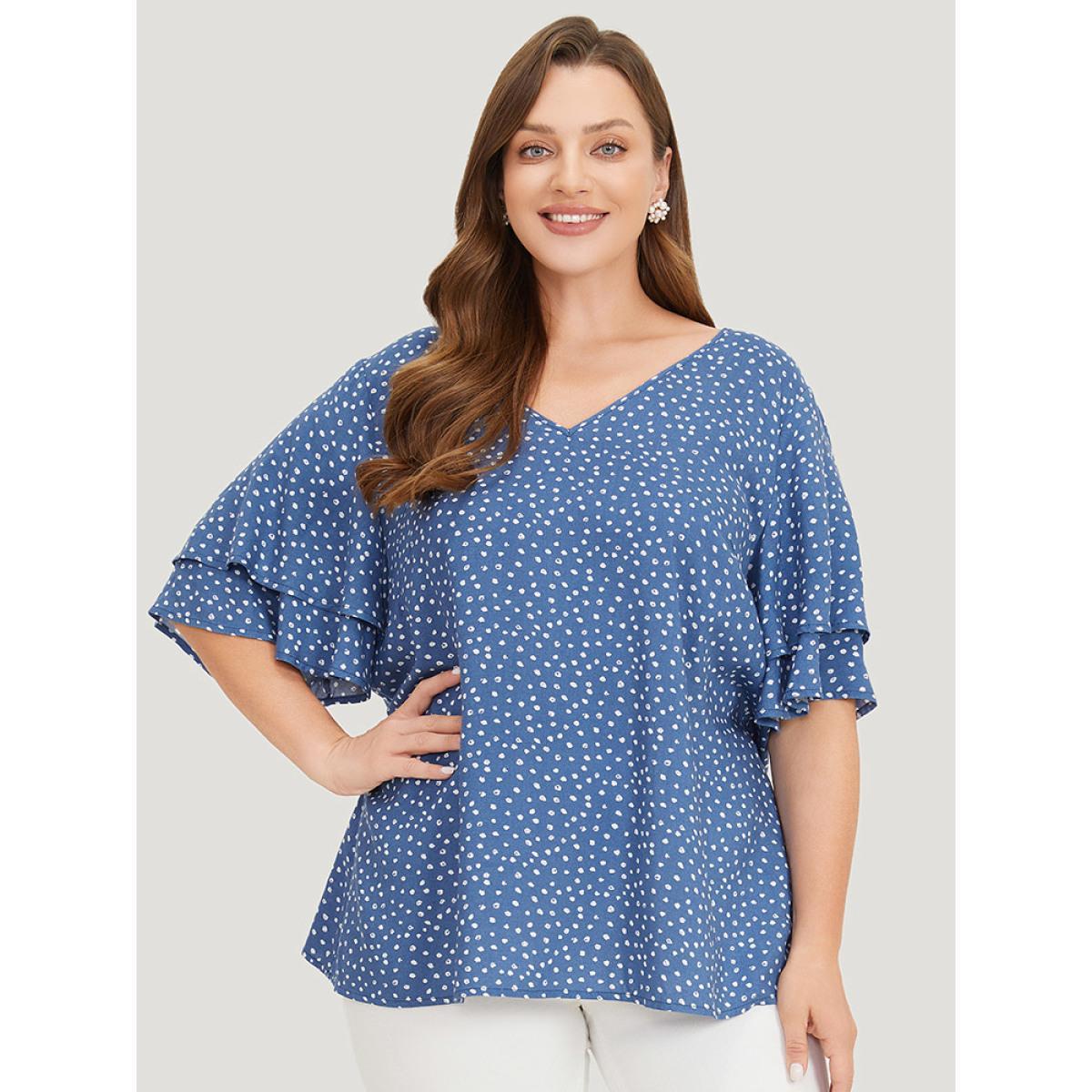 Plus Size Cerulean Polka Dot Flutter Sleeve Layered Blouse Women Elegant Half Sleeve V-neck Dailywear Blouses BloomChic 22-24/3X Product Image