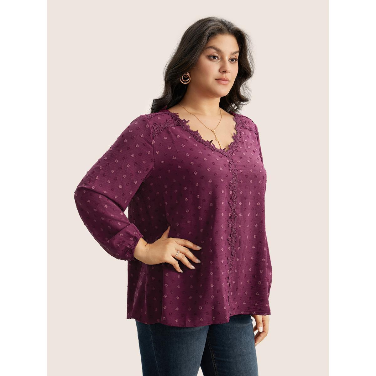 Plus Size Purple Plisse Eyelet Lace Elastic Cuffs Blouse Women Elegant Long Sleeve V-neck Everyday Blouses BloomChic 18-20/2X Product Image