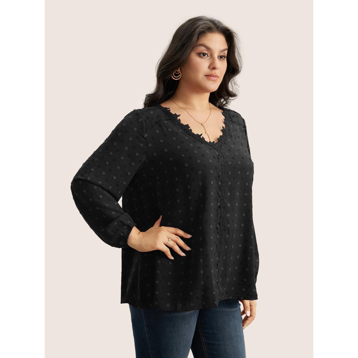 Plus Size Black Plisse Eyelet Lace Elastic Cuffs Blouse Women Elegant Long Sleeve V-neck Everyday Blouses BloomChic 30/6X Product Image
