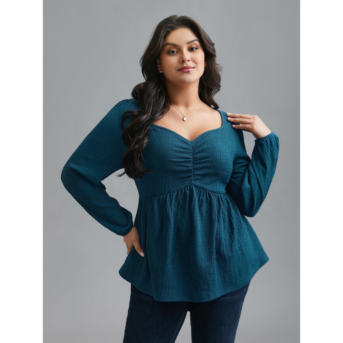 Plus Size Aegean Heart Neckline Solid Gathered Blouse Women Elegant Long Sleeve Heart neckline Everyday Blouses BloomChic 10/M Product Image