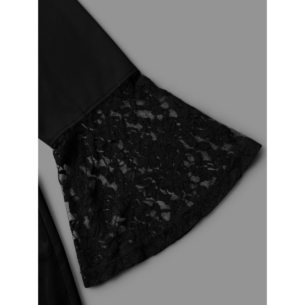 Plus Size Lace Patchwork Button Detail Tie Knot Dress Black Women Cocktail Woven ribbon&lace trim Party Curvy Bloomchic 10/M Product Image