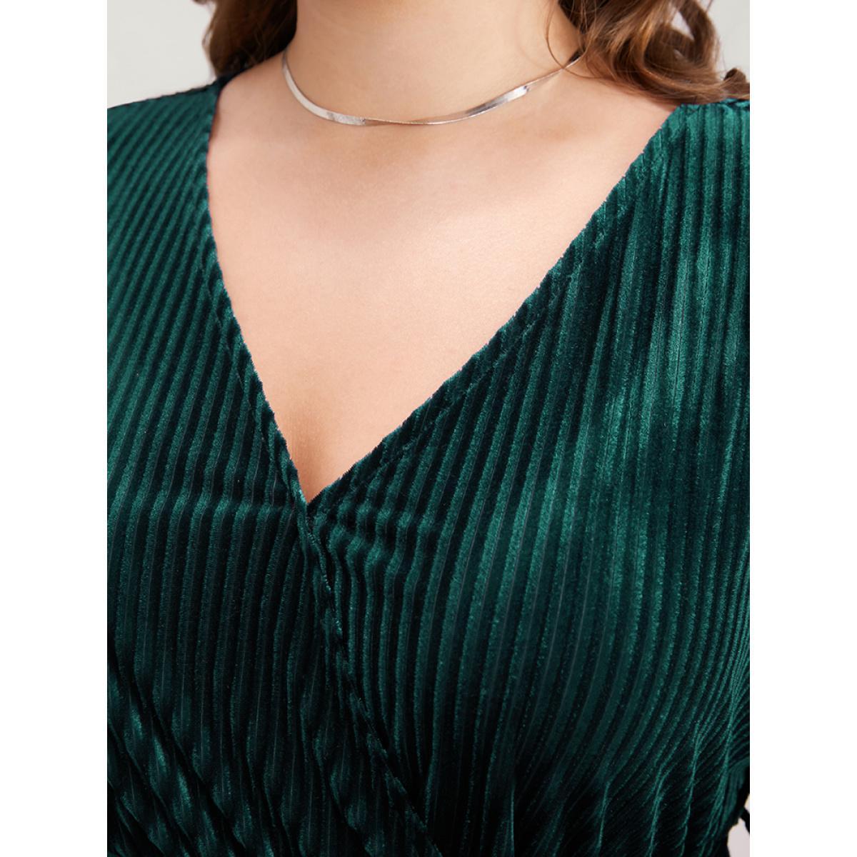 Plus Size Striped Velvet Pocket Lantern Sleeve Belted Wrap Dress DarkGreen Women Glamour Pocket V-neck Long Sleeve Curvy Midi Dress BloomChic 12/L Product Image