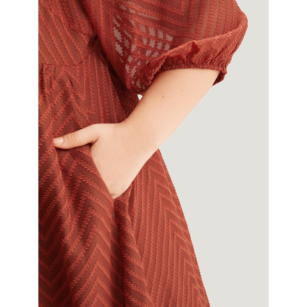 Plus Size Plisse Solid Square Neck Lantern Sleeve Dress Rust Women Office Lined Square Neck Half Sleeve Curvy Midi Dress BloomChic 10/M Product Image