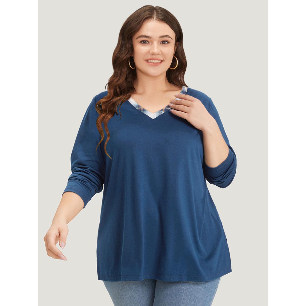Plus Size Plaid Patchwork V Neck Split Side T-shirt Indigo Women Casual Patchwork Gingham V-neck Dailywear T-shirts BloomChic 12/L Product Image