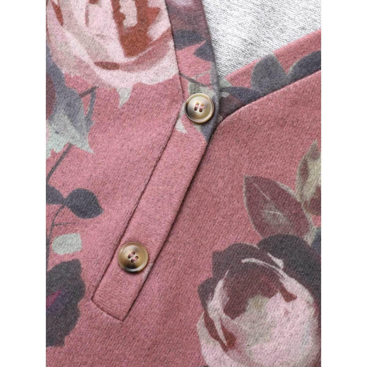 Plus Size V Neck Floral Print Button Up T-shirt DustyPink Women Casual Button Natural Flowers V-neck Everyday T-shirts BloomChic 30/6X Product Image