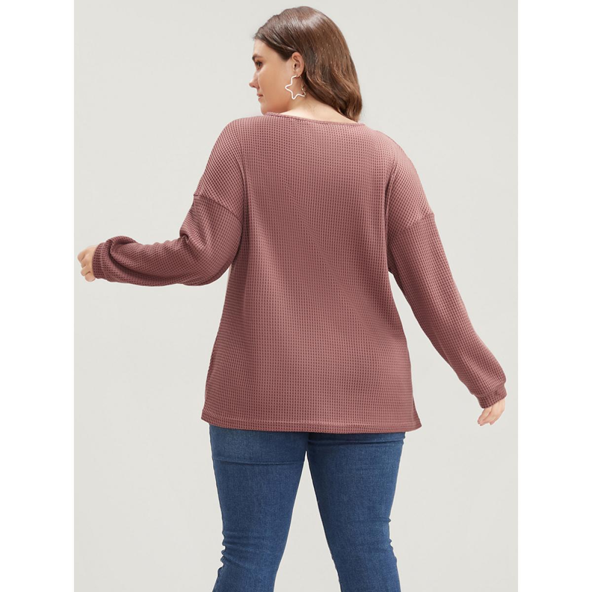Plus Size Solid V Neck Twist Front Waffle Knit Sweatshirt Women DustyPink Elegant Asymmetrical V-neck Dailywear Sweatshirts BloomChic 26/4X Product Image