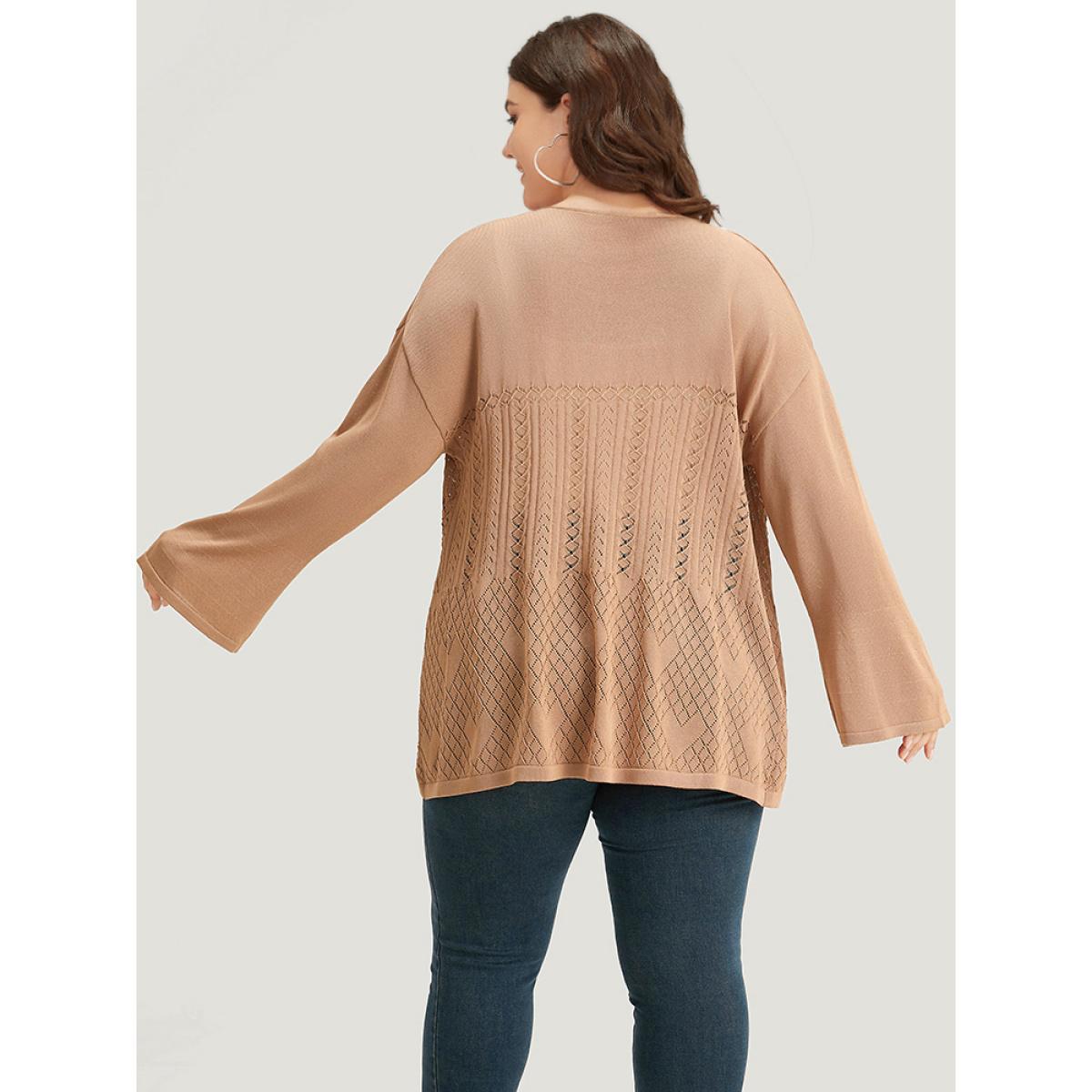 Plus Size Geometric Hollow Out Button Up Cardigan Tan Women Casual Loose Long Sleeve Everyday Cardigans BloomChic 30/6X Product Image